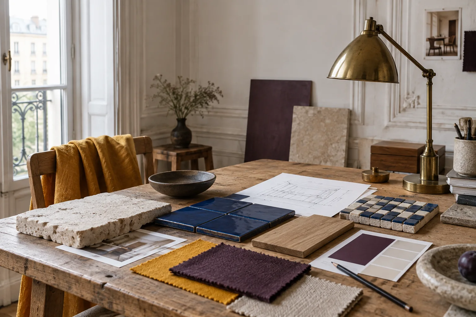 Échantillons de pierre, chêne, carreaux cobalt et textiles safran et prune sur une table d’atelier